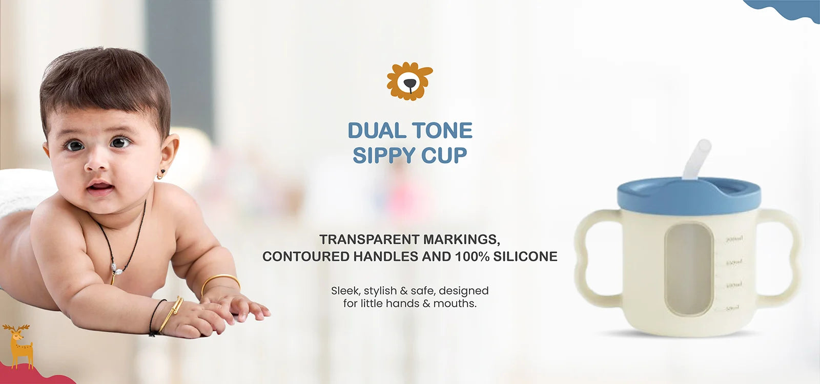 Cubkins Dual Tone Sippy Cup with contoured handles and transparent markings, made of 100% food-grade silicone.