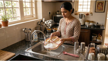 Indian mother washing baby silicone suction plate and bendable spoon with baby-safe dish soap at kitchen sink