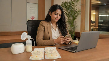 Indian mother pumping breast milk at desk with Cubkins storage bags and labelled pouches beside her