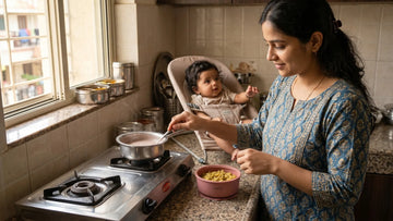 Indian mother preparing ragi porridge and moong dal khichdi for 6-month-old baby — nutritious Indian first foods