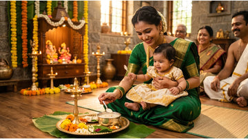 South Indian family performing Annaprashan ceremony with baby and brass puja thali