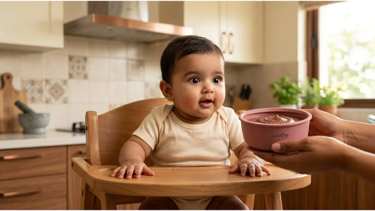 Indian 6-month-old baby sitting upright in highchair showing readiness signs for starting solids