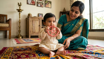 Indian baby holding Cubkins BIS Certified (IS 9873) Raspberry silicone ring teether while sitting with mother