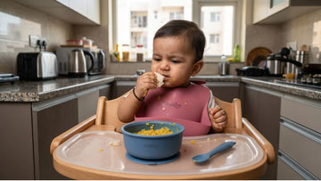 Indian baby self-feeding with Cubkins silicone suction bowl and Raspberry bib in highchair