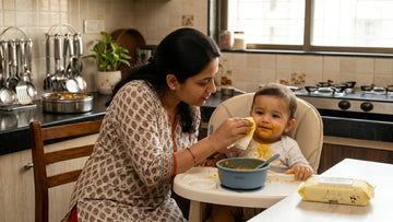 Indian mother gently wiping 8-month-old baby's face with Cubkins pure water baby wipe after dal meal