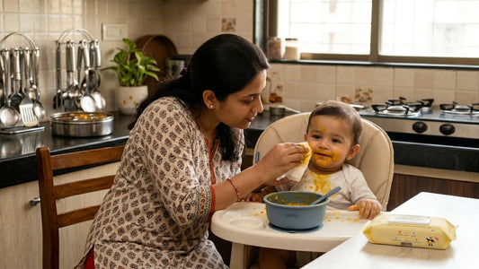 Indian mother gently wiping 8-month-old baby's face with Cubkins pure water baby wipe after dal meal