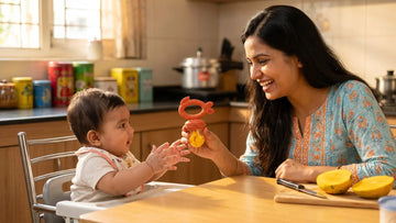 Indian mother introducing mango to her 6-month-old baby using a BIS Certified 100% food-grade silicone fruit feeder