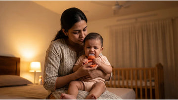 Indian mother soothing her fussing teething baby at night using a chilled BIS Certified 100% food-grade silicone teether