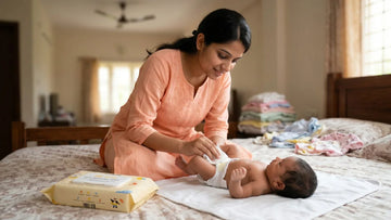 Indian mother using pure water baby wipe on newborn during nappy change — clean, minimal, calm home setting