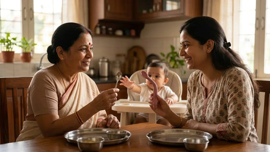 Indian grandmother holding traditional steel spoon beside Indian mother holding soft silicone bendable spoon — both right for different stages