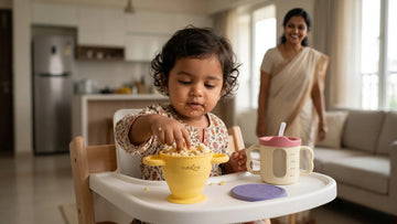Indian toddler self-feeding from Cubkins silicone snack cup with poha and banana pieces on highchair tray