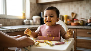 Indian baby in highchair with khichdi on face and hands during messy mealtime