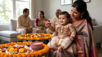 Indian baby's annaprashan first feed with a Cubkins raspberry silicone suction bowl and spoon