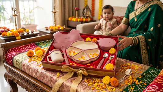 Cubkins 7-piece silicone feeding set arranged as an Annaprashan gift with a silver spoon