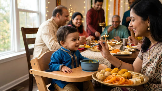 Indian baby offered mashed fruit in a Cubkins bowl instead of festival sweets
