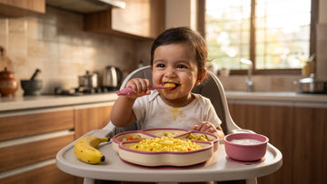 Indian baby eating ghee khichdi from a Cubkins suction plate for healthy weight gain