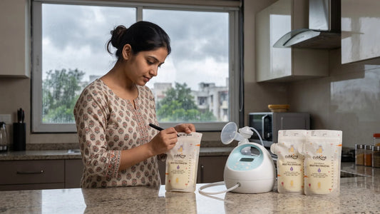 Indian mother labelling Cubkins temp-sensing breast milk storage bags in her kitchen