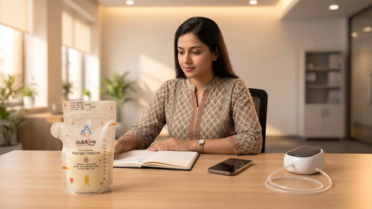Indian working mother pumping breast milk at office desk with labelled Cubkins storage bag — return to work breastfeeding