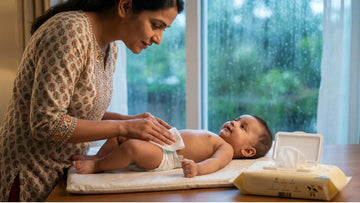 Indian parent using Cubkins pure water baby wipe during nappy change in monsoon — gentle and alcohol-free