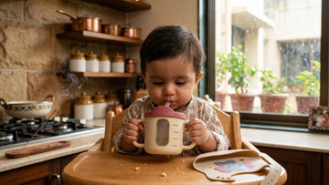 Indian baby drinking water from Cubkins silicone straw training cup in highchair during monsoon weaning