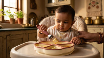 Indian baby using stainless steel fork to eat paneer on raspberry silicone suction plate in highchair — Cubkins
