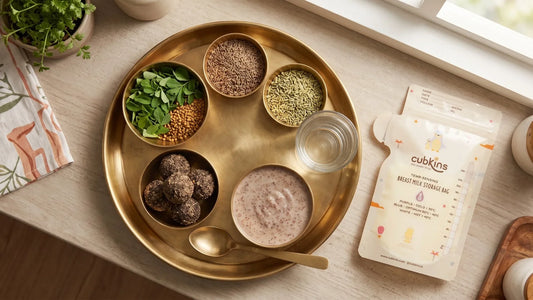 Indian galactagogue foods like methi and halim laddoos with a Cubkins milk storage bag