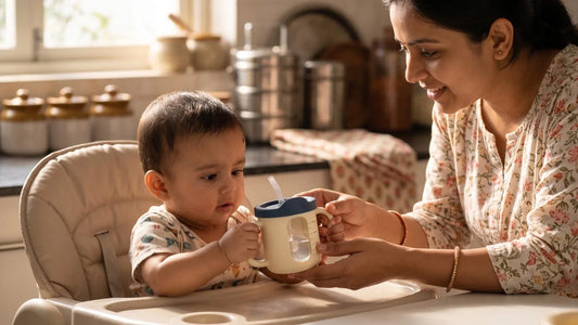 Indian mother guiding her 6-month-old baby's hands around a Cubkins 100% food-grade silicone straw training cup for a first water introduction