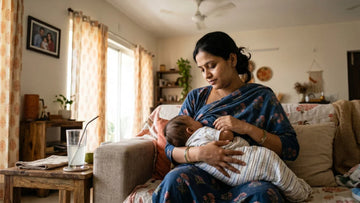 Indian mother breastfeeding her baby on a warm summer afternoon with a glass of coconut water beside her to stay hydrated and maintain milk supply