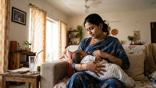 Indian mother breastfeeding her baby on a warm summer afternoon with a glass of coconut water beside her to stay hydrated and maintain milk supply