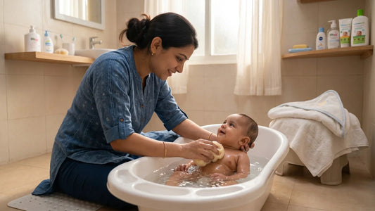 Indian mother giving her baby a gentle lukewarm bath in a small baby tub on a warm summer morning — correct bathing temperature for Indian summer