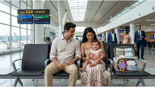 Indian parents at airport departure gate with baby and organised diaper bag featuring silicone baby feeding gear for summer travel
