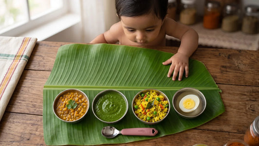 Iron-rich Indian baby foods in katoris with a Cubkins 304-grade steel self-feeding spoon