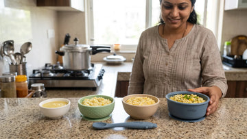 Khichdi texture stages ending in a Cubkins suction bowl with bendable silicone spoon