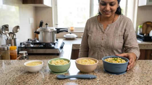 Khichdi texture stages ending in a Cubkins suction bowl with bendable silicone spoon