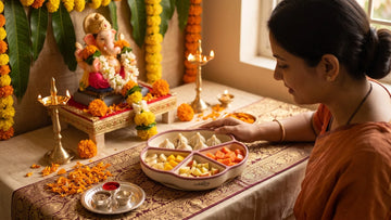 Baby-safe steamed modak and fruit in a Cubkins suction plate at a Ganesh Chaturthi celebration