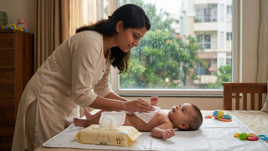Indian mother using Cubkins Pure Water Baby Wipes for a diaper change during monsoon in a Bengaluru apartment, rain visible through the window
