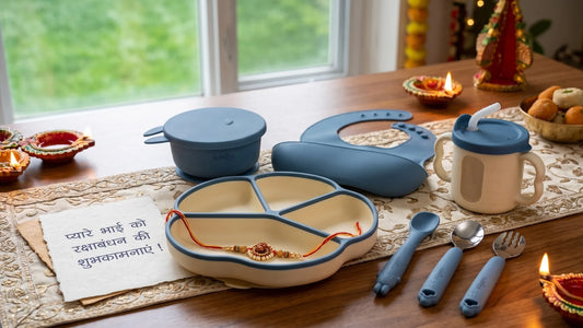 Cubkins feeding set with a rakhi as a Raksha Bandhan gift for a new mom