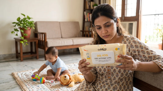 Mother reading the 4-ingredient label on a Cubkins Pure Water Baby Wipes pack