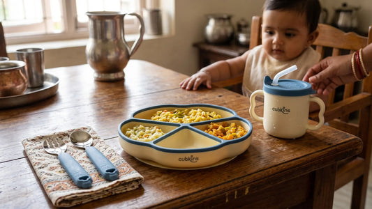 Cubkins steel and silicone feeding set: suction plate, straw cup, steel spoon and fork