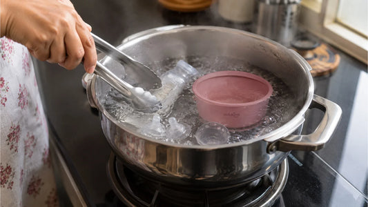 Baby bottles and a Cubkins suction bowl sterilising in boiling water in an Indian kitchen