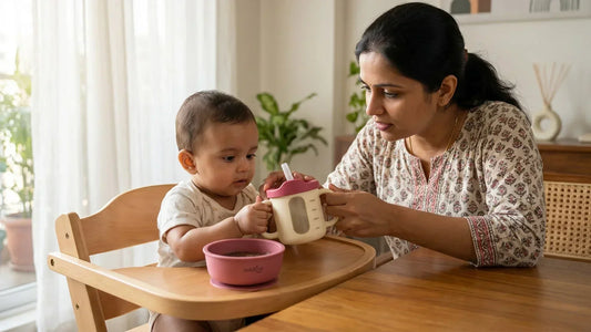 Indian mother introducing a Cubkins silicone straw training cup to her 7-month-old baby at a highchair in a Mumbai apartment