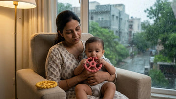 Indian mother soothing her teething baby with a Cubkins BIS Certified (IS 9873) silicone ring teether in Raspberry, seated in a Delhi apartment during monsoon
