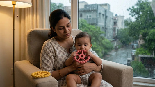 Indian mother soothing her teething baby with a Cubkins BIS Certified (IS 9873) silicone ring teether in Raspberry, seated in a Delhi apartment during monsoon