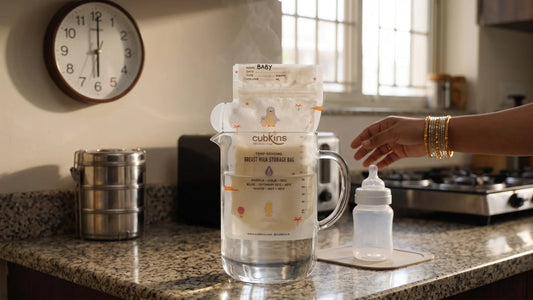 Frozen Cubkins milk storage bag thawing in a jug of warm water — the safe fast method