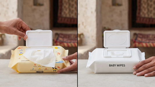 Cubkins Pure Water Baby Wipes beside a generic wipes pack turned to its long ingredient label
