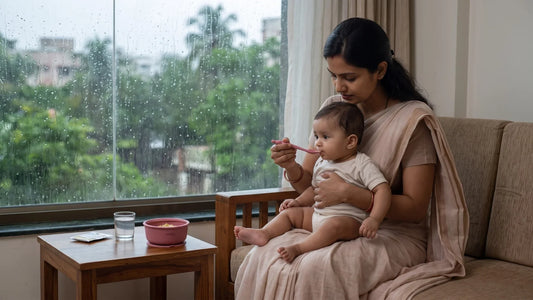 Indian mother giving ORS by Cubkins silicone spoon to her baby during monsoon