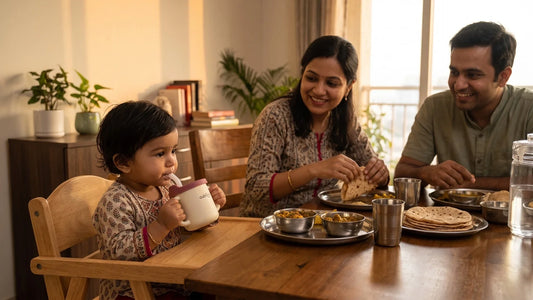 Indian toddler drinking from a Cubkins sensory straw training cup at a family dinner, no bottle