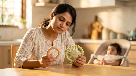 Indian mother thoughtfully comparing a wooden teether and a BIS Certified 100% food-grade silicone fruit feeder teether for her 6-month-old baby