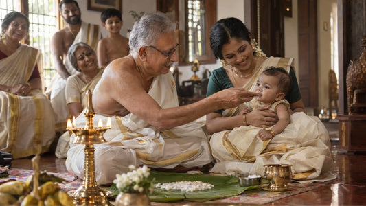 Kerala family at a choroonu ceremony: grandfather touching payasam to a six-month-old baby's lips