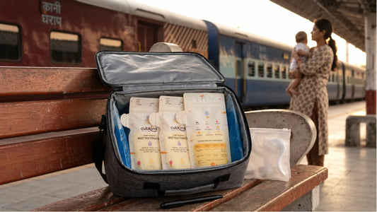 Insulated cool bag packed with frozen Cubkins breast milk storage bags and ice packs on a railway platform